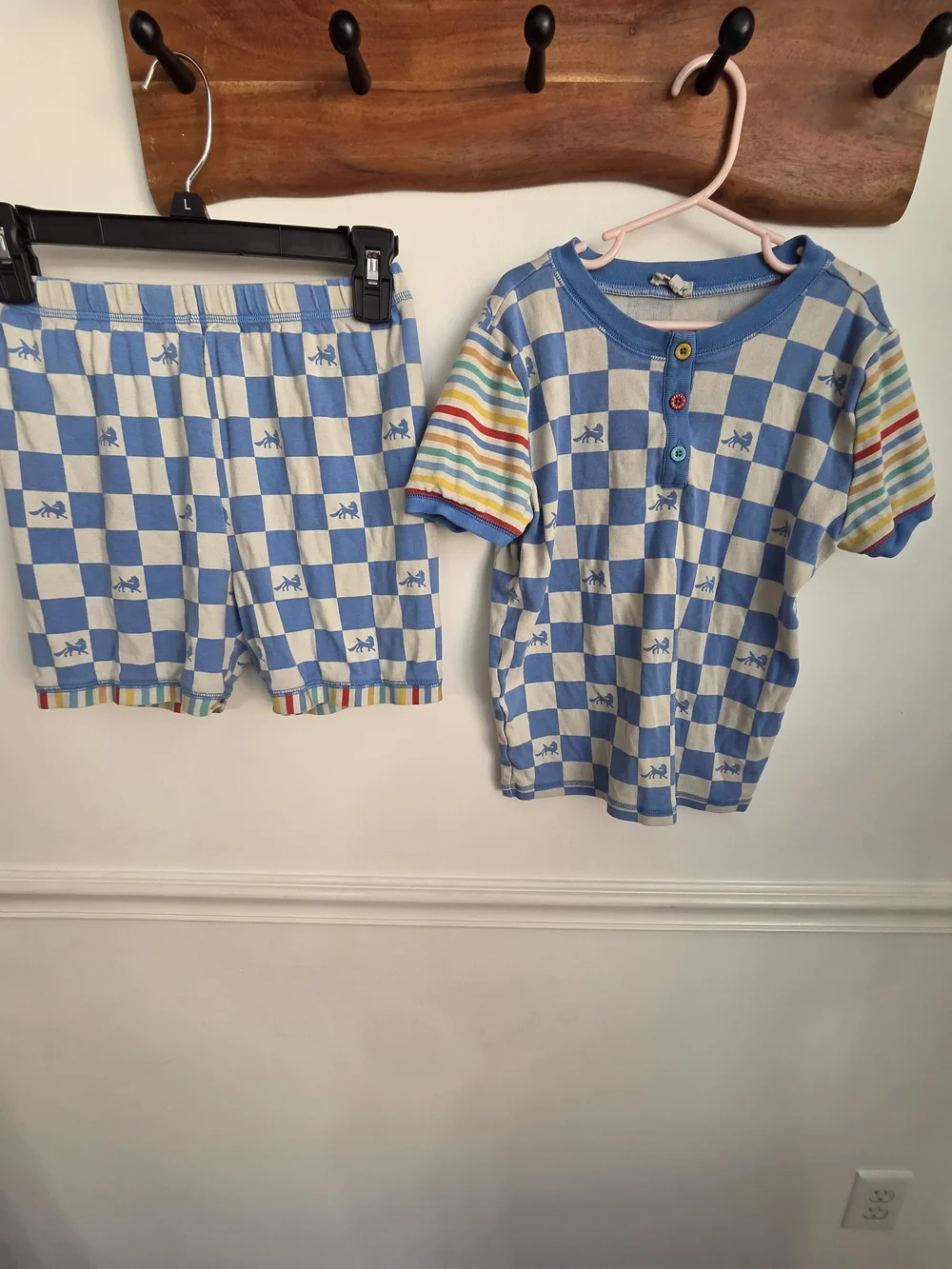 Blue Checkmate Short-Sleeve Kids Pajama Set with Rainbow Sleeve Accents Sz. 12